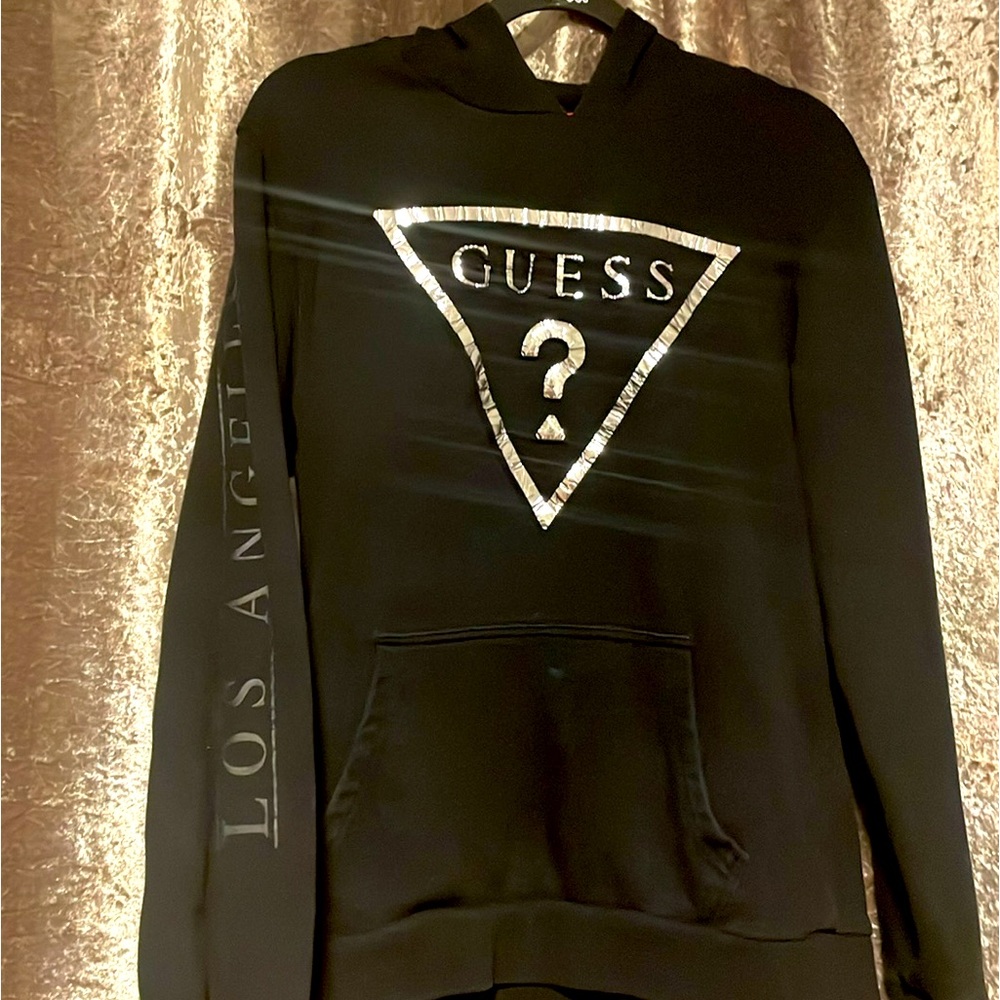 GUESS Black 3D Silver Foil LA / California Sleeves hoodie
